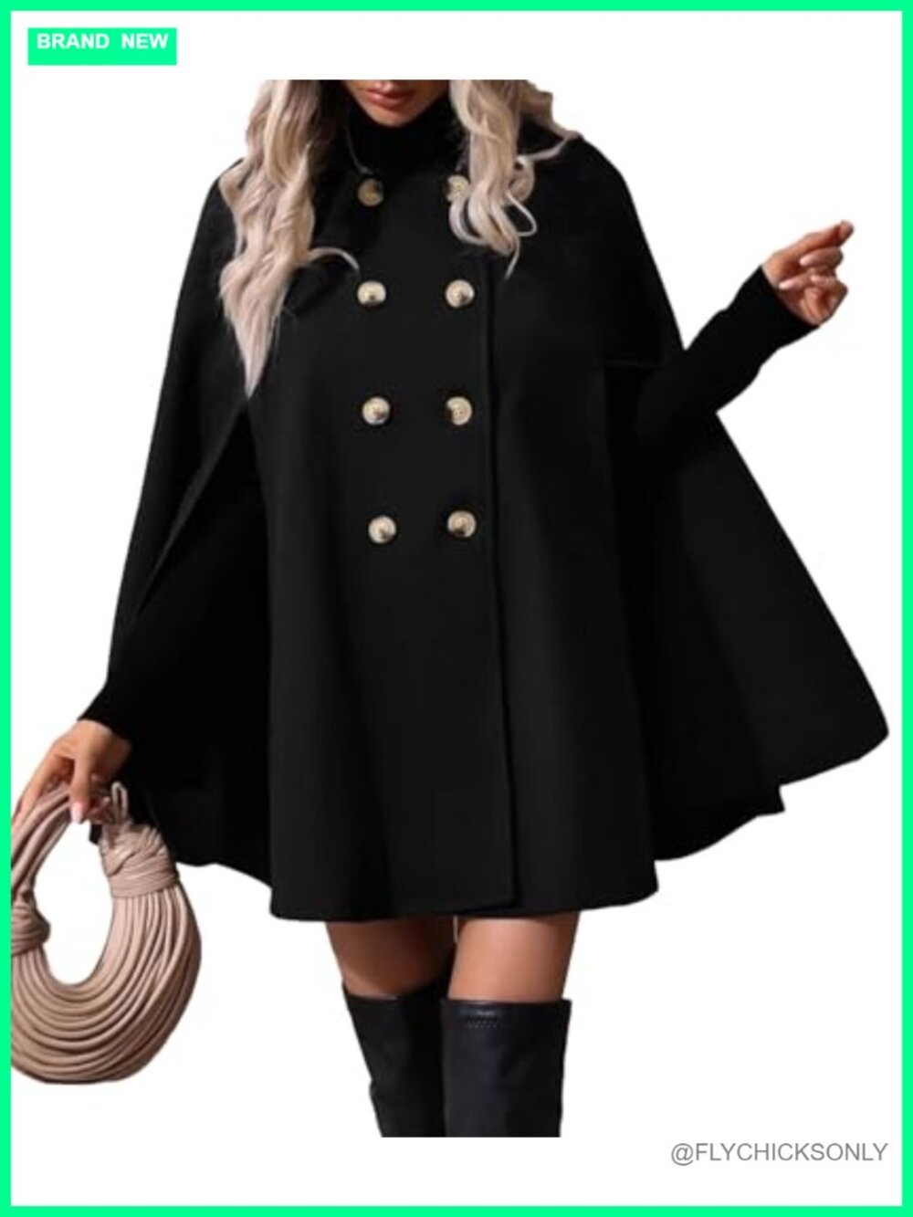 Wool Blend Cape Coat Double Breast Notched Lapel Slit Sleeve Flowy Winter Cloak